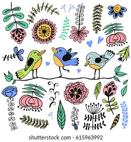 Doodle set of spring flowers, herbs and birds. Hand drawn vector illustration with floral elements. Nature sketch background for prints, T-shirt.