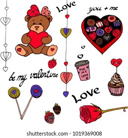 Doodle set for St. Valentine's Day: rose, teddy bear, box of chocolates, capcake with heart, strawberry in chocolate, a glass of coffee.