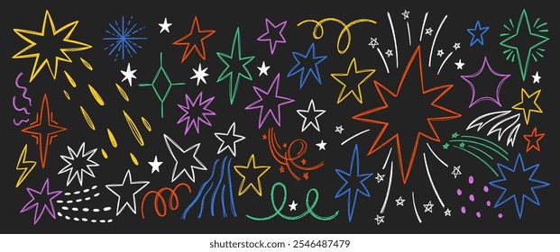 Doodle conjunto de brillo de estrella brilla con parpadeo, chispa y centelleo. Ilustración vectorial dibujada a mano.