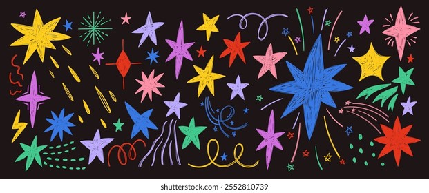 Doodle conjunto de brillo de estrella brilla con parpadeo, chispa y centelleo. Ilustración vectorial colorida dibujada a mano sobre un fondo negro.