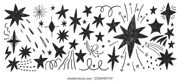 Doodle set of star glitter shine with blink, spark and twinkle. Hand drawn black vector illustration on a white background.