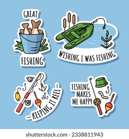 Doodle set of stickers about fishing isolated. Illustrations with equipment for fishing, a fishing rod, boat on the lake.