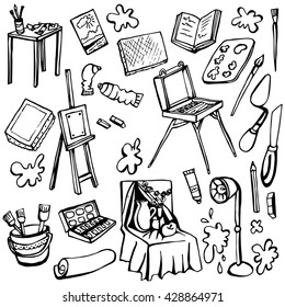 doodle set. subjects for the artist. easel, paint, brush, still life ...