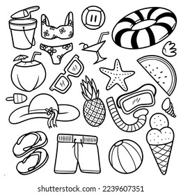 Doodle Set Summer Beach icons Line Art Vector Illustration