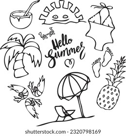 Doodle set of summer elements hand-drawn and translated into vector illustration