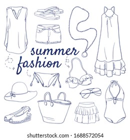 Doodle set of Summer fashion Collection – Bag, sunglasses, bikini, swimsuit, flip-flops, sun hat, skirt, dress, shorts, shirt, chain, summer look outfit hand-drawn. Vector sketch illustration isolated