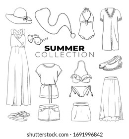 Doodle set of Summer fashion Collection – Bag, sunglasses, bikini, swimsuit, flip-flops, sun hat, skirt, dress, shorts, shirt, chain, summer look outfit hand-drawn. Vector sketch illustration isolated