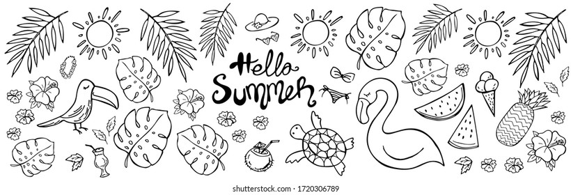Doodle set of Summer - flamingo, sun, ice cream, monstera leaves, tropical flowers on white background. Vector illustration. Perfect for greeting card, postcard, print, banner.