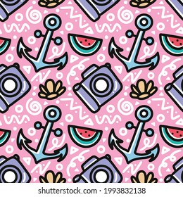 conjunto de doodles de verano de dibujos manuales de vacaciones con iconos y elementos de diseño