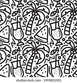 doodle conjunto de vacaciones de verano en el dibujo de la mano de la playa con iconos y elementos de diseño