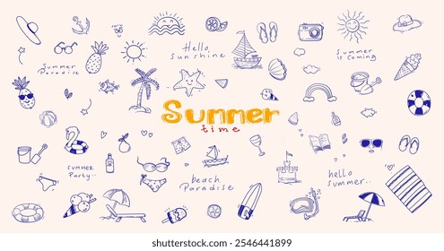Conjunto de rabiscar de ícone de verão, sinal e símbolo desenhado à mão esboço ilustração vetorial. Conceito de viagem de férias na praia isolado no fundo branco.