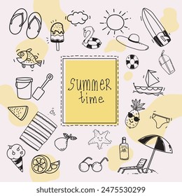 Doodle-Set von Sommer-Symbol-Handgezeichnete Vektorillustration. Strandurlaub Reisekonzept isoliert auf weißem Hintergrund.