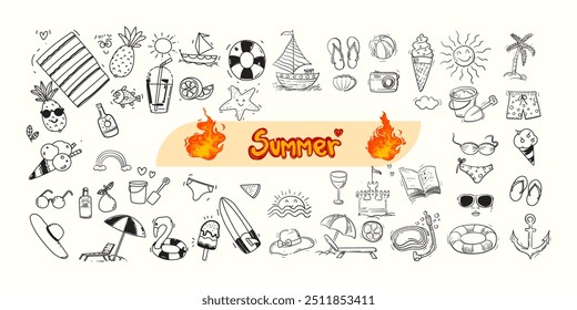 Conjunto de rabiscos de verão ícone da equipe esboço desenhado à mão ilustração vetorial. Praia férias viajando conceito ao ar livre isolado no fundo branco.