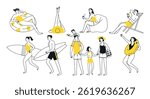 Doodle set summer vibe. People, woman, man, child, vacation, sea. Vector isolated illustration