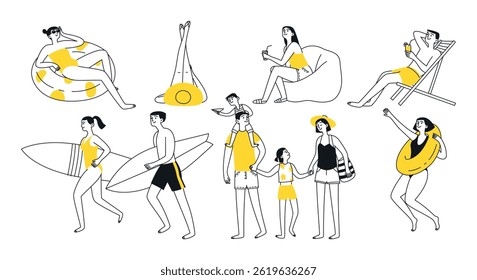 Doodle definiu a vibração de verão. Gente, mulher, homem, criança, férias, mar. Ilustração isolada de vetor
