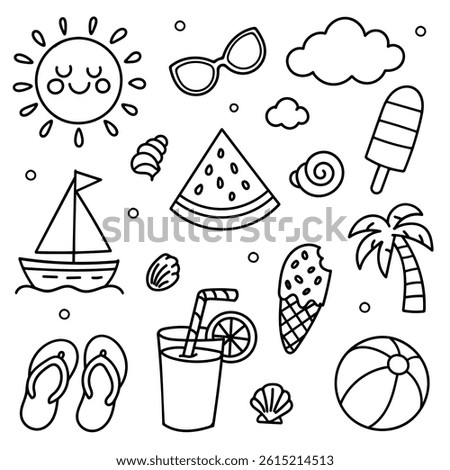 Doodle set of summer-themed icons including sun, sunglasses, beach items