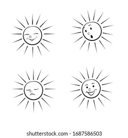Doodle set of suns. Cute doodle cartoon different emotions faces sun icons - funny, sad, surprised. Black outline on a white background.