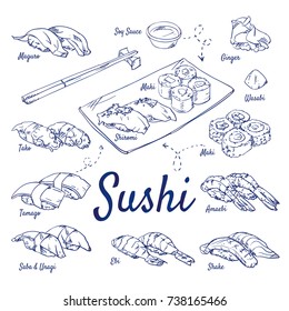 Doodle set of sushi - Maguro, Soy Sauce, Ginger, Wasabi, Maki, Amaebi, Shake, Ebi, Saba, Unagi, Tamago, Tako, chopsticks, hand-drawn. Vector sketch illustration isolated over white background.