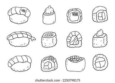 Doodle set of sushi and rolls. Vector illustration asian food in linear drawing style on white background