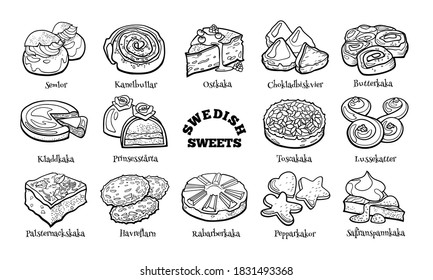 Doodle set of Swedish sweets. Hand drawn sketch of traditional national desserts. Outline vector illustration on white background for cafe, coffee shop, bakery and restaurant menu or packaging.