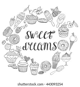 Doodle set with sweet cupcakes, berries, ice cream and donuts. Hand drawn vector illustration. Sweet and cold dessert menu.