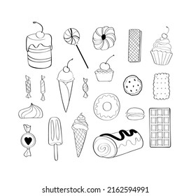 Juego de caramelos de caramelos. Ilustración vectorial en blanco y negro