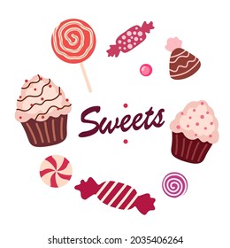 Doodle set of sweets. Cupcakes with glaze and sprinkling, lollipop, candy, truffle. Tasty objects on a white isolated background. Suitable for menu design, card.