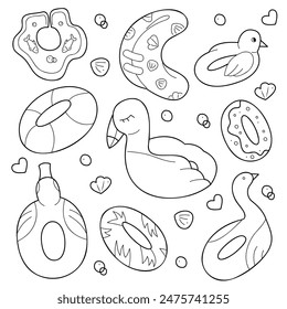 Doodle set with swimming circles. Black and white clip art illustration.