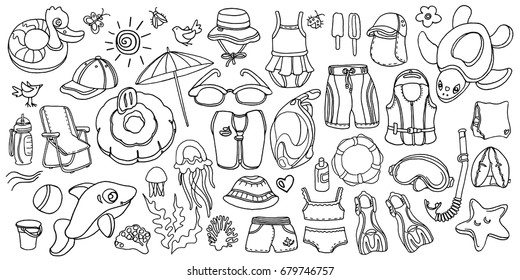 Doodle set of swimming goods for kids. Vector icons Illustration on white background. Sketch. Vest, mask, tube, swimsuit, cap, panama, fins, swimming trunks. Summer children's holiday at sea