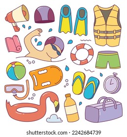 Doodle set of Swimming tools and objects hand drawn vector illustration