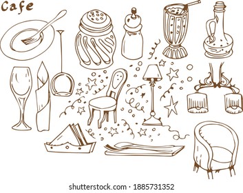 Doodle set tableware for cafe salt pepper, plates, furniture in the interior of the cafe, decorations. Hand-drawn graphic vector illustration. Separate elements on a white background.

