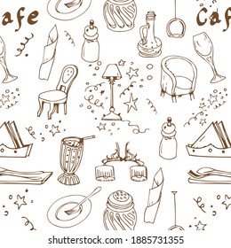 Doodle set tableware for cafe salt pepper, plates, furniture in the interior of the cafe, decorations. Hand-drawn graphic vector illustration. Separate elements on a white background.

