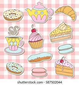 Doodle set - tea, bakery, sweets stickers. 