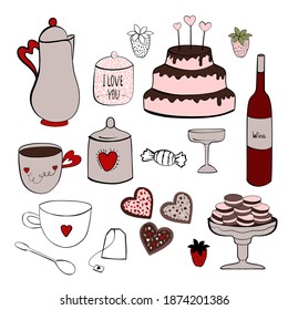 Doodle set tea time, cute illustrations of cookies, mug, cake, tea bag, teaspoon, sugar bowl, macarons cake, porcelain cup with heart and teapot. Hand drawing in vector. Use for menus, invitations