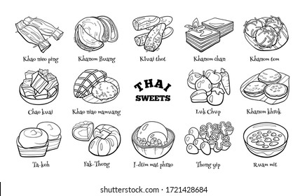 Doodle set of Thai sweets. Hand drawn sketch of traditional desserts. Vector illustration on white background.