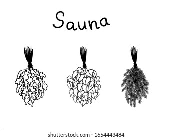 Doodle set of three black and white oak, birch, fir bath broom to kick on the back. Sauna bathhouse equipment. Healthy procedures, line art. Vector stock illustration.