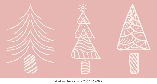 Doodle set three Christmas tree. Colorful vector hand drawn, not AI illustration in pink, white colours for cards, banners, wallpaper, background, textile, wrapping