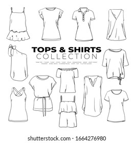 Doodle set of Tops & Shirts Collection – Tank Top, T-shirt, Tunic, gypsy, wrap, knot front, jewel neck, shirt, top, hand-drawn. Vector sketch illustration isolated over white background.
