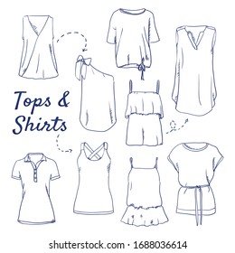 Doodle set of Tops & Shirts Collection – Tank Top, T-shirt, Tunic, gypsy, wrap, knot front, jewel neck, shirt, top, hand-drawn. Vector sketch illustration isolated over white background.