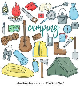 Doodle Set Tourism And Travel. Colored Collection Hand Drawn Hiking Icons. Bundle Items For Exploration, Recreation And Adventure Vector