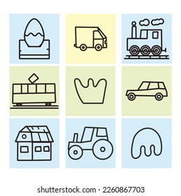 conjunto de doodle con tren, tranvía, tractor