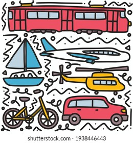 conjunto de doodle de la mano de transporte dibujar con iconos y elementos de diseño
