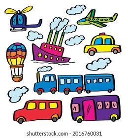 Doodle set of transportation hand drawing illustration.
