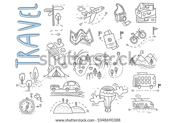 Doodle set of travel and\
camping icons. Signpost, air balloon, bike, forest, road, camera,\
car, map, baggage, camping, hills, tent, trolleybus, train. Vector\
design