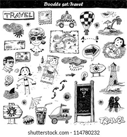 doodle set - travel. Hand drawn sketch illustration isolated on white background