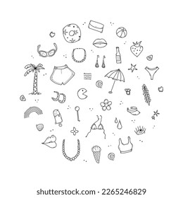 Doodle set of travel summer vacation elements, bikini, shorts, lips, palm, lollipop, umbrella, ball, glasses, ice-cream, shells, sea star. Hand drawn sketch style. Travel color elements in a circle