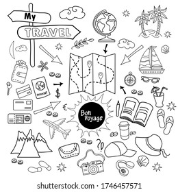 Conjunto de dibujos y modelos de vectores de viaje. Dibujos de equipaje para un recorrido por el mar y las montañas. Todo es necesario para que una persona viaje. Todos los elementos están aislados. 