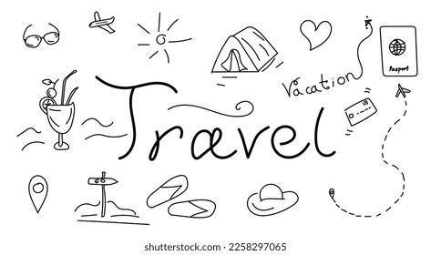 Doodle set of travel. Vector set of journey elements. Travelling concept. Vector illustration