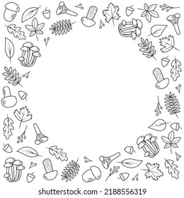 Doodle set of tree leaves and mushrooms, autumn concept, vector illustration.