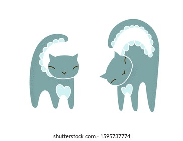 Doodle set with trendy grey cat in line art style. Funny tabby grey cat set. Line art simple vector drawing. Colorful cat silhouette isolated illustration white background.